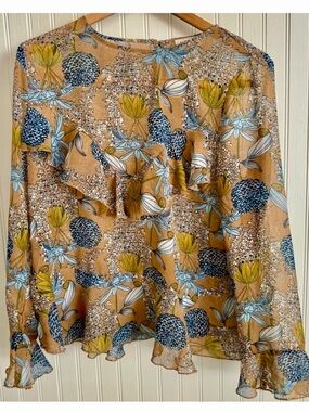 Molly Bracken Floral Ruffle Blouse Size S with Blue and Yellow Accents